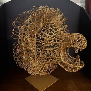 Brutalist Lion Head Metal Golden Wire Wrapped Table Top 17" Art Sculpture RARE